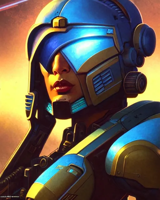 Image similar to pharah from overwatch, battletech, character portrait, portrait, close up, concept art, intricate details, highly detailed, vintage sci - fi poster, retro future, vintage sci - fi art, in the style of chris foss, rodger dean, moebius, michael whelan, and gustave dore