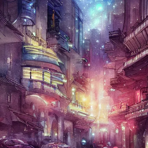 Prompt: Beautiful happy picturesque charming sci-fi city in harmony with nature. Beautiful light. Nice colour scheme, soft warm colour. Beautiful detailed watercolor by Lurid. (2022)