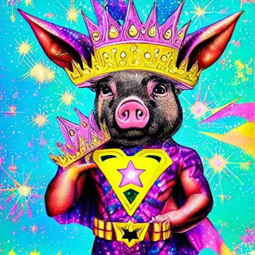 Image similar to lisa frank superhero pose pig wearing a gold crown holding 3d rectangles painting by android jones