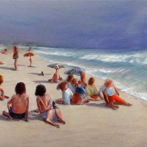 Image similar to A beautiful drawing of a group of people on a beach. The colors are muted and the overall tone is serene. The people are all engaged in different activities, from reading to playing games, and the artwork seems to be capturing a moment of peace and relaxation. by Robert Hagan, by Luis Royo