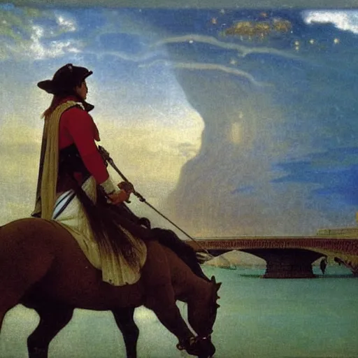 Image similar to Magician riding a horse leaving the castle through the bridge, thunderstorm, beach ocean on the background major arcana sky, by paul delaroche, alphonse mucha and arnold böcklin arnold böcklin hyperrealistic 8k, very detailed