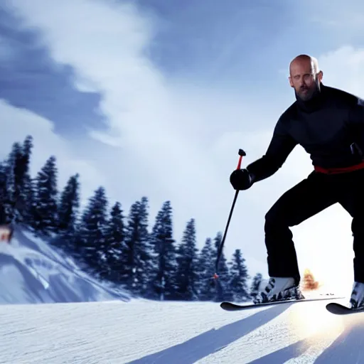 Prompt: jason statham skiing, full body shot, cinematic lighting, studio quality