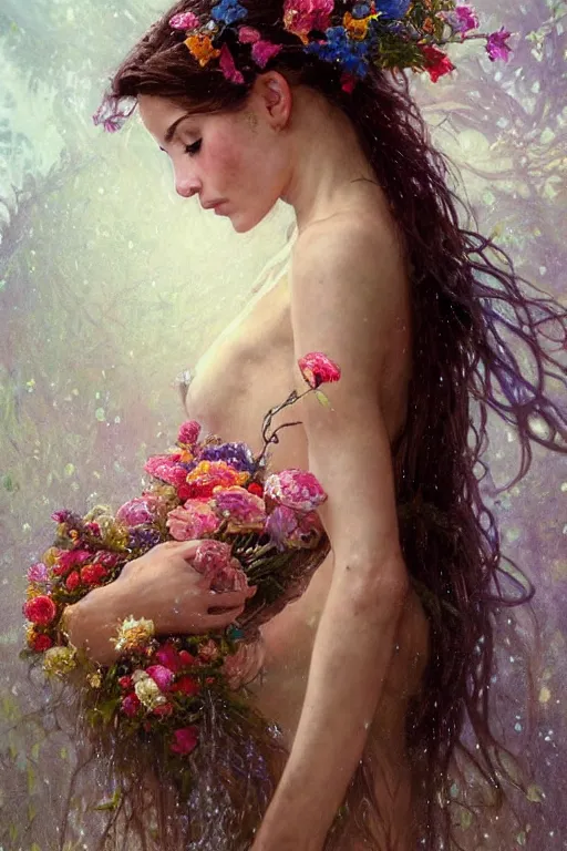 Image similar to portrait of a beautiful mysterious woman holding a bouquet of flowing flowers, wet dripping long hair, hands hidden under the bouquet, emerging from the water, fantasy, regal, intricate, by stanley artgerm lau, greg rutkowski, thomas kindkade, alphonse mucha, loish, norman rockwell