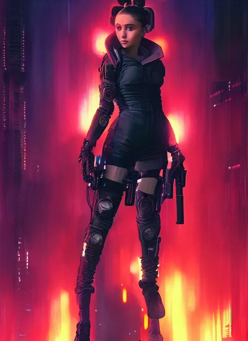 Prompt: Ariana Grande. Cyberpunk assassin in tactical gear. blade runner 2049 concept painting. Epic painting by Craig Mullins and Alphonso Mucha. ArtstationHQ. painting with Vivid color. (rb6s, Cyberpunk 2077, matrix)