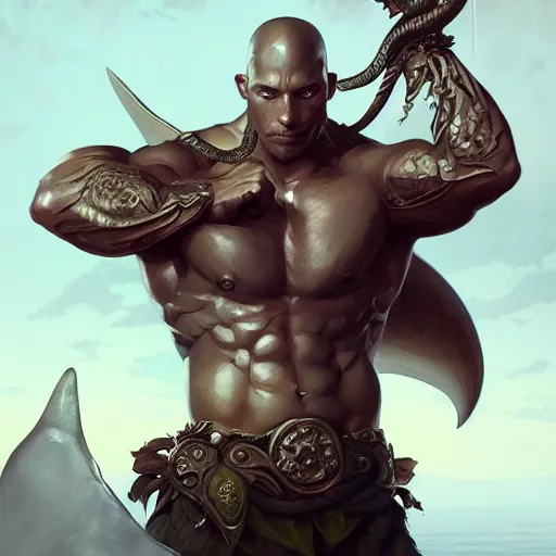 Prompt: portrait of anthropomorphic shark warrior, muscular, casual sport clothes, fantasy, horror, intricate, elegant, highly detailed, digital painting, artstation, concept art, matte, sharp focus, illustration, art by Artgerm and Greg Rutkowski and Alphonse Mucha