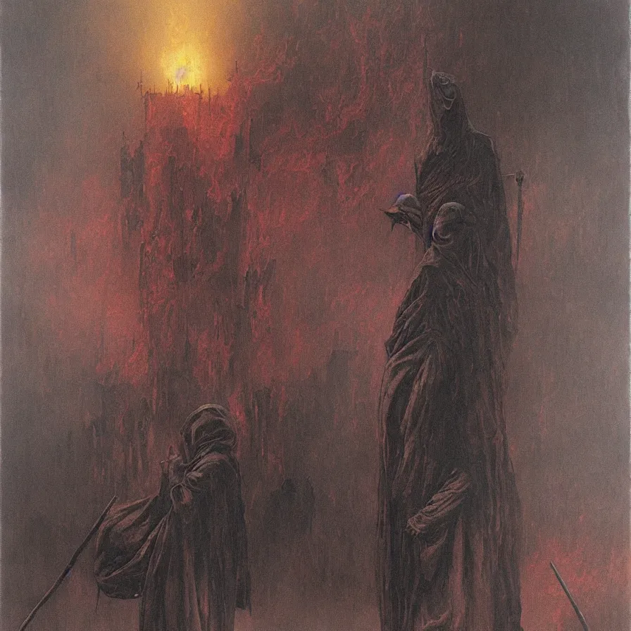 Image similar to plague doctor from iron gridle but human form, destroyed city and flames by zdzislaw beksinski, color