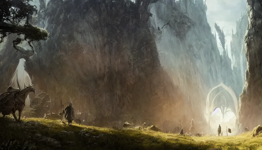 Image similar to concept art of gandalf approaching the shire, hobbiton, intricate, elegant, highly detailed, greg rutkowski, dishonored 2, bioshock, scifi, john park, frazetta, john howe, ruan jia, jeffrey catherine jones