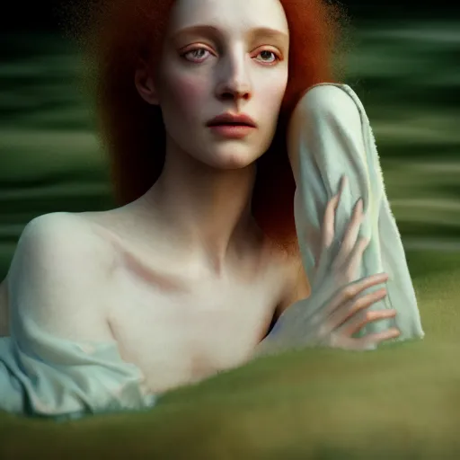 Image similar to photographic portrait of a stunningly beautiful english renaissance female in soft dreamy light at sunset, beside the river, soft focus, contemporary fashion shoot, in a denis villeneuve and tim burton movie, by edward robert hughes, annie leibovitz and steve mccurry, david lazar, jimmy nelsson, extremely detailed, breathtaking, hyperrealistic, perfect face, octane render