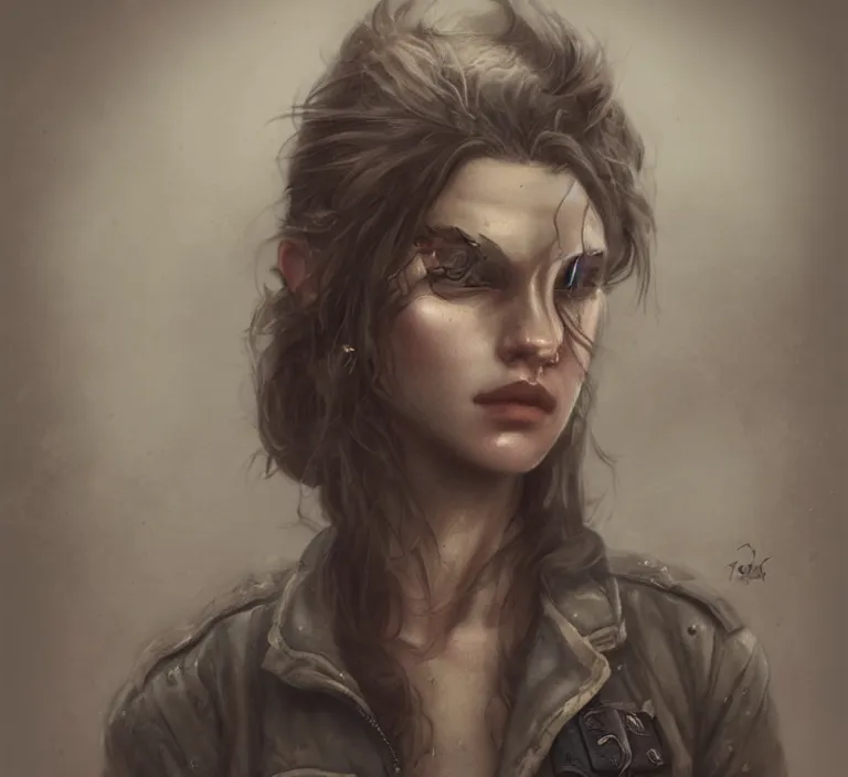 Image similar to a rugged female marine in the style of tom bagshaw