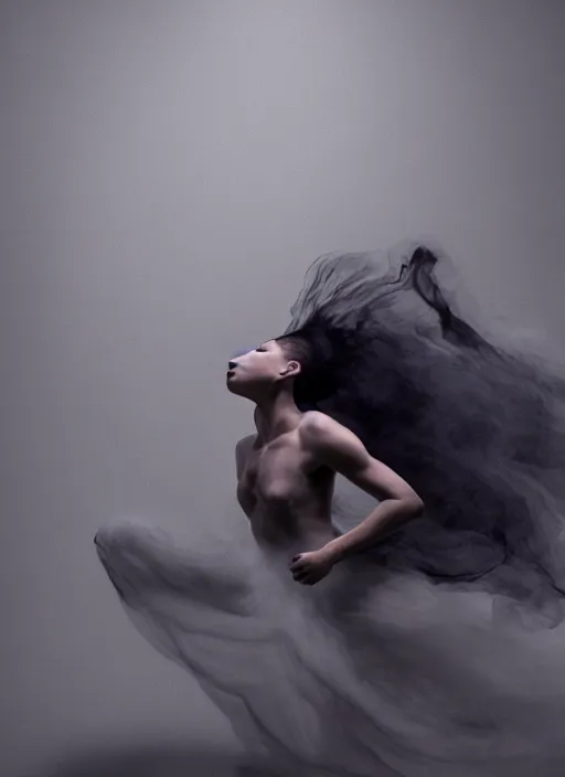 Image similar to a Photorealistic dramatic hyperrealistic render of a beautiful Female smoke dancer by Ken Brower and Deborah Ory of NYC Dance project,Lois Greenfield,Flowing cloth and smoke,Beautiful dynamic dramatic dark moody lighting,volumetric,shadows,cinematic atmosphere,Octane render,8K