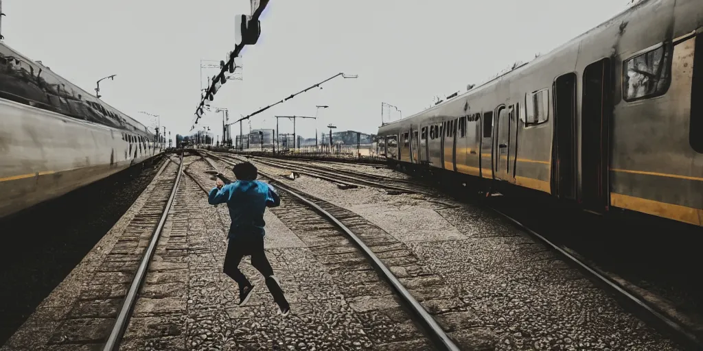 Prompt: a wide shot angle photography of a person trying to jump into a moving train from a platform