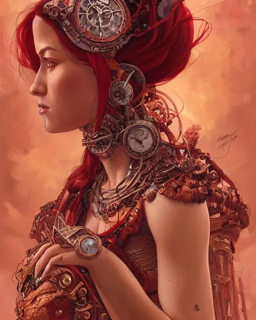 Prompt: Portrait of a steampunk Goddess, a red dragonlet, intricate dress, wide angle, intricate, elegant, overdetailed, professional digital painting, artstation, concept art, smooth, sharp focus, 8K, art by artgerm and greg rutkowski and alphonse mucha and loish and WLOP