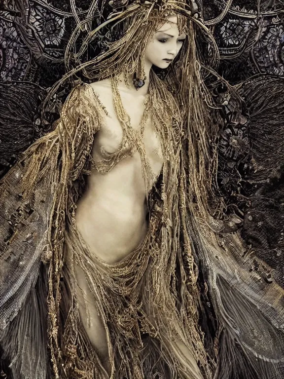 Prompt: a dark portrait render of a fallen angel,veiled, symmetry,dramatic headdress with intricate fractals of star,tassels,by Daveed Benito and Lawrence Alma-Tadema and Nekro and Enchanted doll and aaron horkey and peter gric,trending on pinterest,hyperreal,jewelry,gold,intricate,maximalist,golden ratio,cinematic lighting