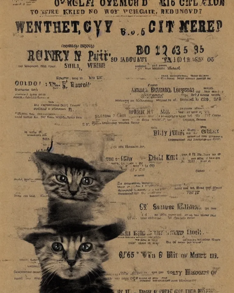 Image similar to 1865 wanted poster Wanted $1000 Reward kitten in cowboy hat Billy the Kit