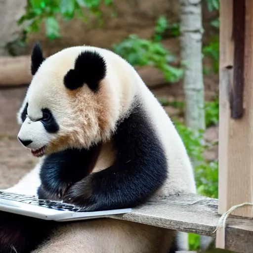 Image similar to a cute but tired baby panda working on a laptop in the zoo and yawning