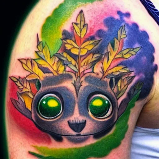 Image similar to shoulder tattoo of a multicolored spaced out cute bush baby, eyes are colorful spirals, surrounded with colorful magic mushrooms and marihuana leaves, insanely integrate