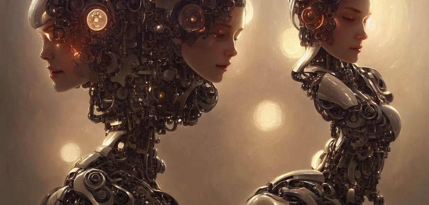 Image similar to beautiful crying! female mechanical android!, half portrait, intricate detailed environment, photorealistic!, intricate, elegant, highly detailed, digital painting, artstation, concept art, smooth, sharp focus, illustration, art by artgerm and greg rutkowski and alphonse mucha