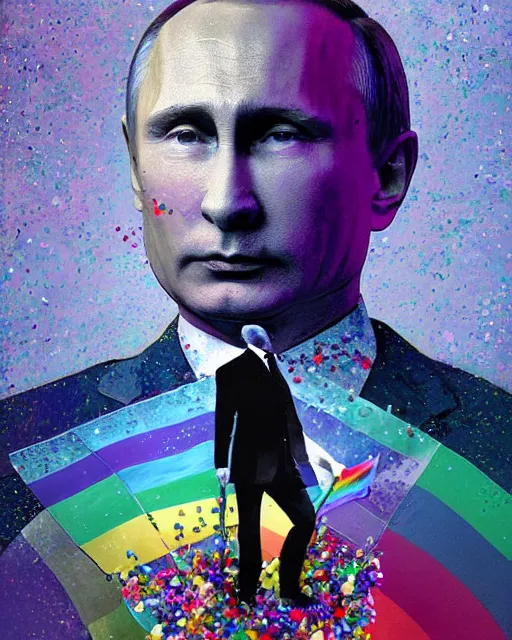 Prompt: a highly detailed portrait of Vladimir Putin holding a gay pride flag, intricate, digital painting, old english, particles floating, whimsical background by marc simonetti, John Singer Sargent style