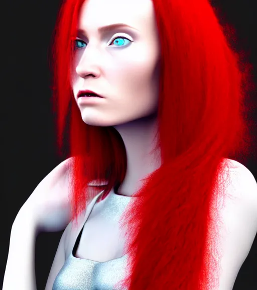 Prompt: realistic detailed profile portrait of a young beautiful cyberpunk woman with long red hair wearing a silver dress by family guy