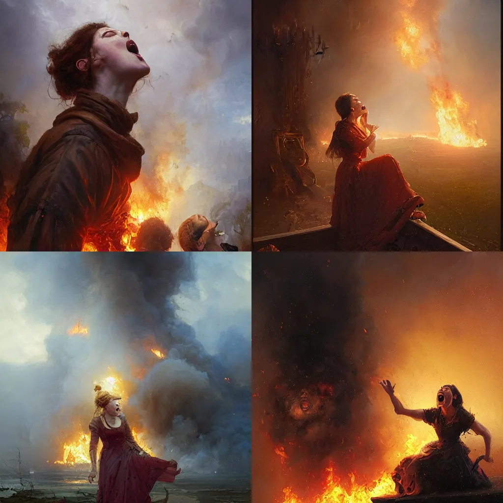 Prompt: portrait of a noblewoman screaming in despair as her home burns, by Greg Rutkowski Thomas Kincade, detailed, 4k, cinematic, intense, gritty, fantasy, masterpiece, two characters, tragedy, faces visible, tears