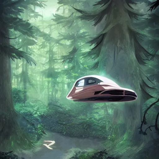 Image similar to flying car in futuristic spiritual mystical post apocalyptic forest, studio ghibli, beautiful, crisp