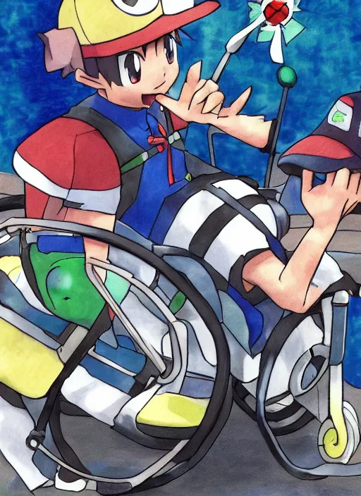 Image similar to a pokemon trainer traveling in a wheelchair, anime, art by ken sugimori