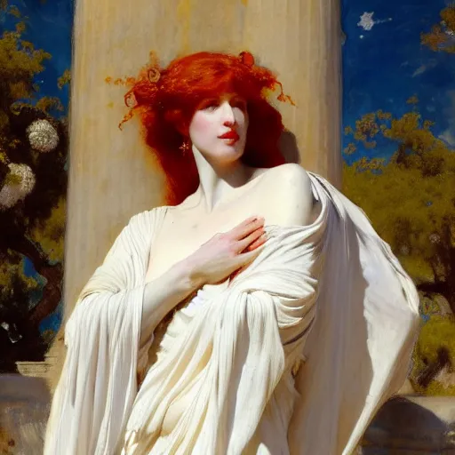 Prompt: redheaded prophetess, fully clothed in white floral chiton, ancient greece, by john singer sargent and gaston bussiere and james jean and grzegorz rutkowski