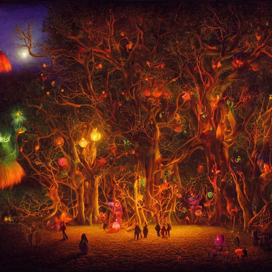 Image similar to closeup of a night carnival inside a magical tree cavity, with a surreal orange moonlight and fireworks, next to a lake with iridiscent water, christmas lights, folklore animals and people disguised as fantastic creatures in a magical forest by summer night, masterpiece painted by harry watrous, scene by night, dark night environment, refraction lights, glares