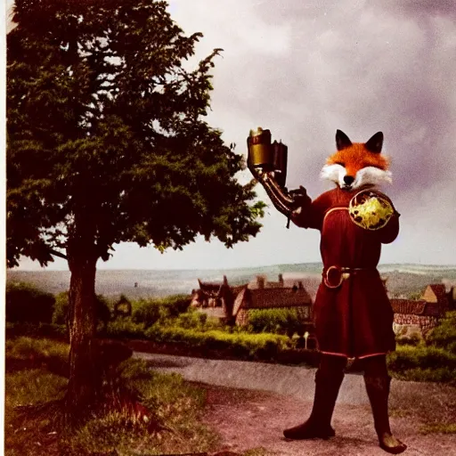 Image similar to anthropomorphic fox!! who is a medieval knight holding a swo - rd towards a s - tormy thundercloud [ 1 9 3 0 s film still ], ( castle in the background )