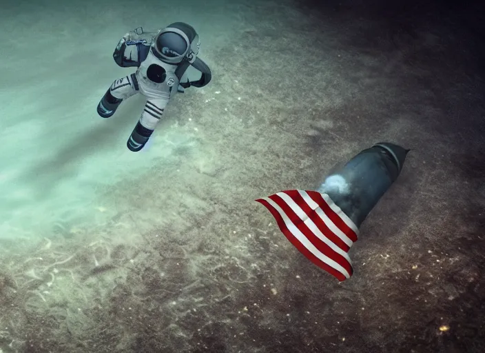 Prompt: astronaut underwater putting a flag in the sand of the bottom of the ocean. in the background, a submarine is visible. dark, concept art, cinematic, dramatic, atmospheric, 8 k, trending on artstation, zack snyder