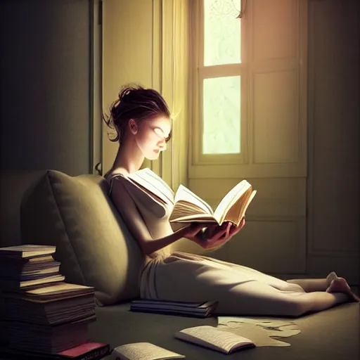 Image similar to portrait of an absurdly beautiful girl reading a book, graceful, sophisticated, hyperdetailed illustration by irakli nadar, maria borges, matt wisniewski style, intricate linework, unreal engine 5 highly rendered, global illumination, detailed and intricate environment