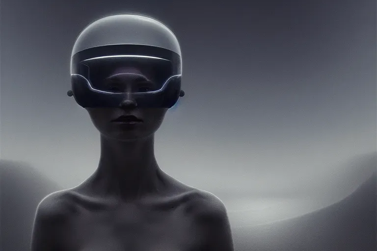 Prompt: woman wearing a futuristic helmet standing in a virtual world, in the style of beksinski, solarpunk, atmospheric, clean, intricate and epic composition, gray by caravaggio, insanely quality, highly detailed, masterpiece, white light, artstation, 4 k