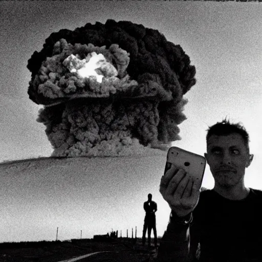 Image similar to last human selfie,horror , nuclear explosion in background