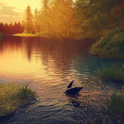 Prompt: siren in the woods, river, 3d, octane render, sunset, photorealistic