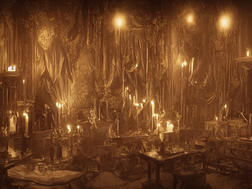 Image similar to hyper realistic photo of an occult art nouveau room interior, old furnitures, altar, candles, gloomy volumetric lights