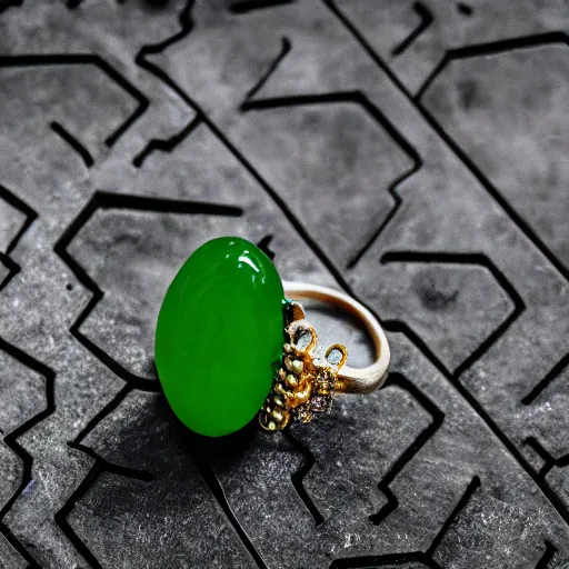 Prompt: macro shot of a jade ring sitting on a table in the hall of a great castle