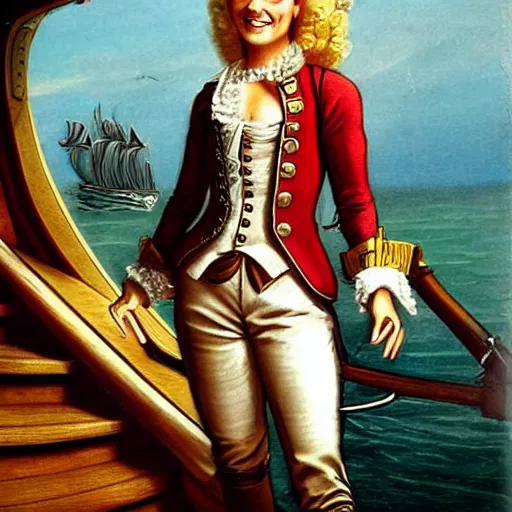 Prompt: a fierce, smiling, beautiful, friendly, calm, blonde, well - dressed, steampunk, covered, armed, pirate captain, standing on the deck of her ship gazing at the horizon in 1 7 3 0, detailed, realistic