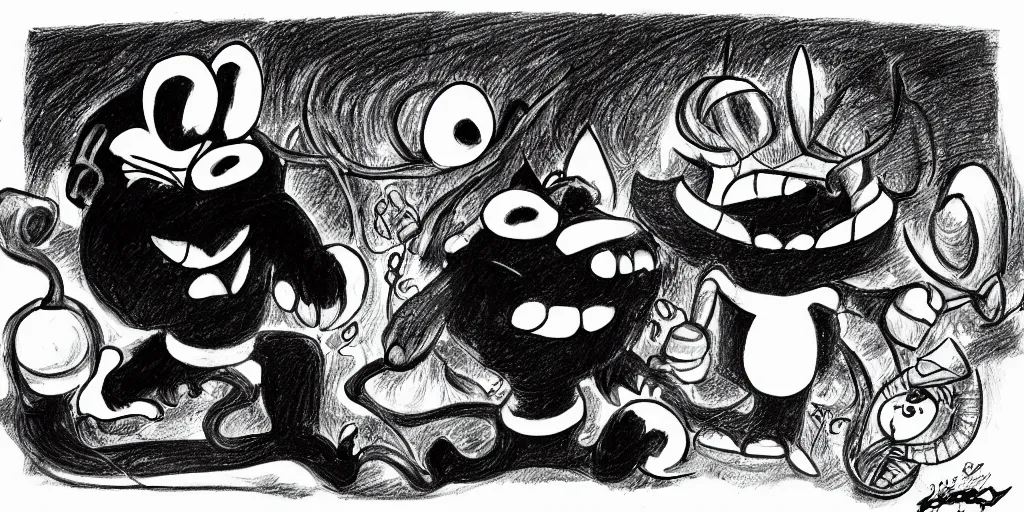 Prompt: a detailed drawing of a surprised black cat, behind a smurf and a demon, modulated line