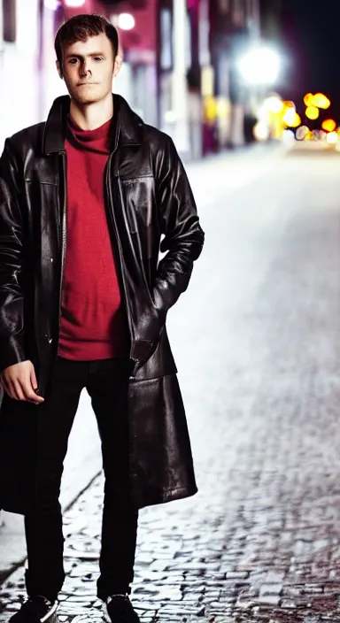 Image similar to Professional full body portrait of a dishevelled young man in a street at night. He is wearing a leather coat and he looks very tired and nervous. 4K, dramatic lighting