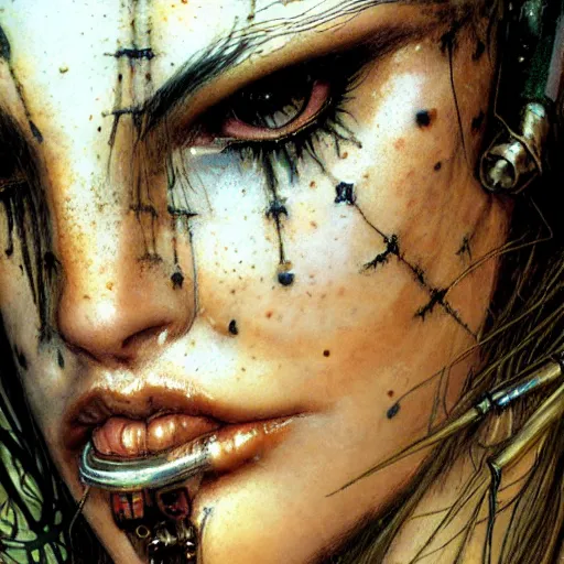 Image similar to an award finning closeup facial portrait by luis royo and john howe of a very beautiful and attractive female bohemian cyberpunk traveller aged 1 7 with green eyes and freckles in clothed in excessively fashionable cyberpunk gear and wearing ornate warpaint