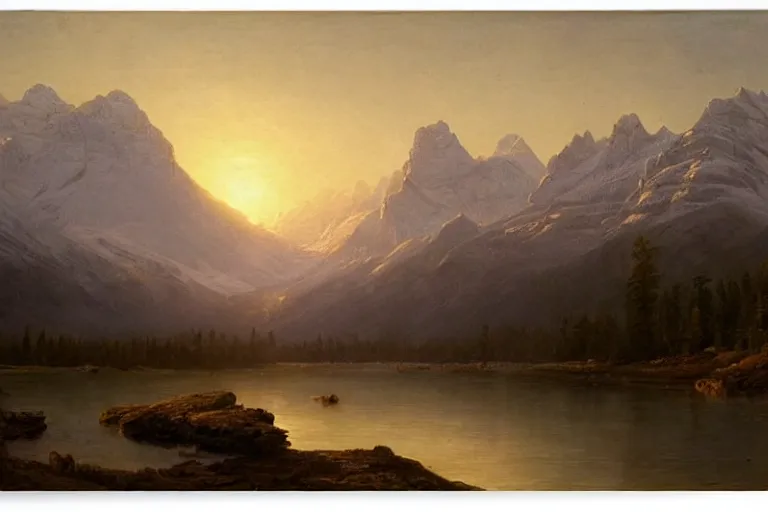 Prompt: an epic landscape painting of the three sisters mountains in canada, with snow on its peak, at sunrise in springtime, with the bow river in the foreground, painted by x, atmospheric, volumetric lighting, rolling fog, breathtaking, highly detailed, painted by albert bierstadt