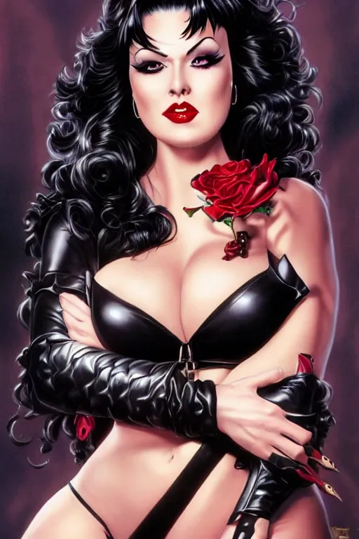 Image similar to a ( beautiful masterpiece highly detailed ) full body portrait illustration of intimate alluring elvira! mistress of the dark by ralph horsely and artgerm and joe jusko, raven black hair, porcelain white skin. betty page, curvy. trending on artstation