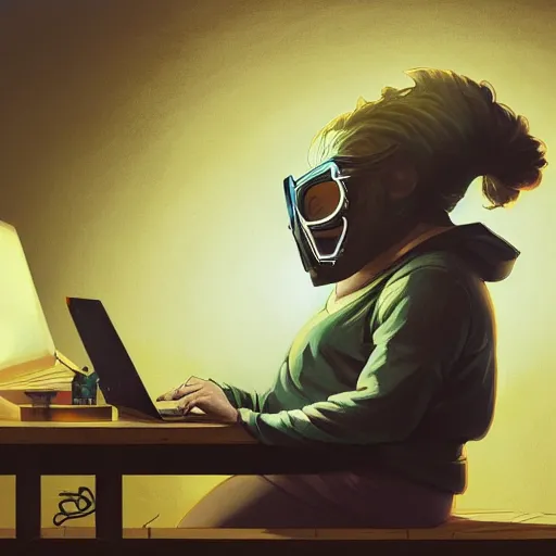 Image similar to an insanely detailed painting of a chubby nerdy asian man wearing a homemade superhero costume and mask, sitting at a computer desk typing on the keyboard, in the style of peter mohrbacher, dramatic lighting and composition, trending on artstation, concept art, comic book, graphic novel, back view