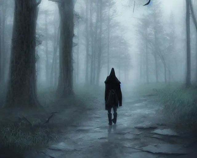 Image similar to a cloaked adventurer in foggy, ghostly woods. Dangerous, foggy, cloudy, mysterious, ominous, threatening, adventurous, ghostly. By Makoto Shinkai, Stanley Artgerm Lau, WLOP, Rossdraws, James Jean, Andrei Riabovitchev, Marc Simonetti, krenz cushart, Sakimichan, trending on ArtStation, digital art.