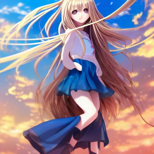 Image similar to a very beautiful anime girl, full body, long golden hair reaching the ground, sky blue eyes, full round face, short smile, mini jeans skirt, cute top,golden room, cinematic lighting, medium shot, mid-shot, highly detailed, trending on Artstation, Unreal Engine 4k, cinematic wallpaper by Stanley Artgerm Lau, WLOP, Rossdraws, James Jean, Andrei Riabovitchev, Marc Simonetti, and Sakimichan