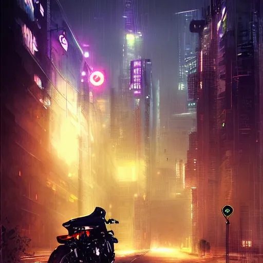 Prompt: street with motorbike speeding, cyberpunk, by stephan martiniere, night, foggy, detailed