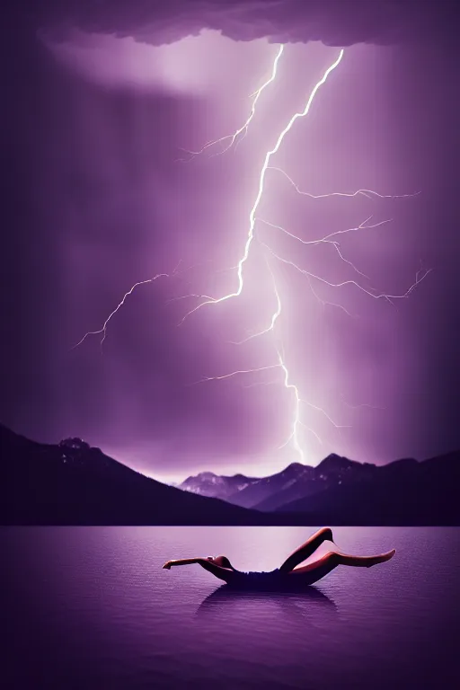 Prompt: medium closeup shot, flash photography of a woman floating in the lake, mountains, dark sky and night lightning, by ren hang, long exposure, octane render, unreal engine, high details