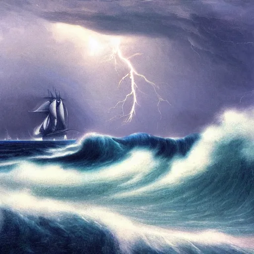 Image similar to giant ocean wave in a thunder storm with a ship fighting through the waves