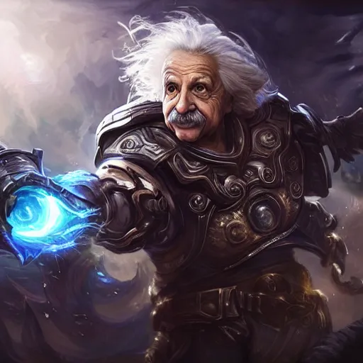 Image similar to Portrait of Albert Einstein as a spellcaster, League of Legends amazing splashscreen artwork, Gears of War, splash art,natural light, elegant, photorealistic facial features, intricate, fantasy, detailed face, atmospheric lighting, anamorphic lens flare, cinematic lighting, league of legends splash art, hd wallpaper, ultra high details by Greg rutkowski