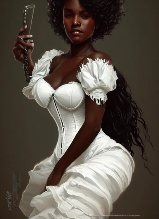 Image similar to cute black woman wearing a white corset dress, fantasy, intricate, highly detailed, digital painting, artstation, concept art, wallpaper, smooth, sharp focus, illustration, art by artgerm and greg rutkowski and alphonse mucha